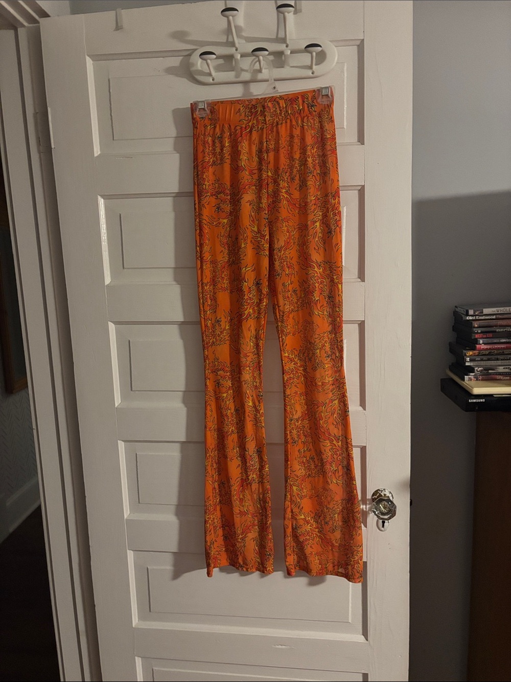 Orange Flame Printed Mesh Wide-Leg Women's Pants